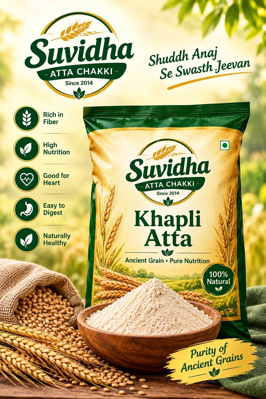 Suvidha Khapli Atta product pack with flour and wheat grains