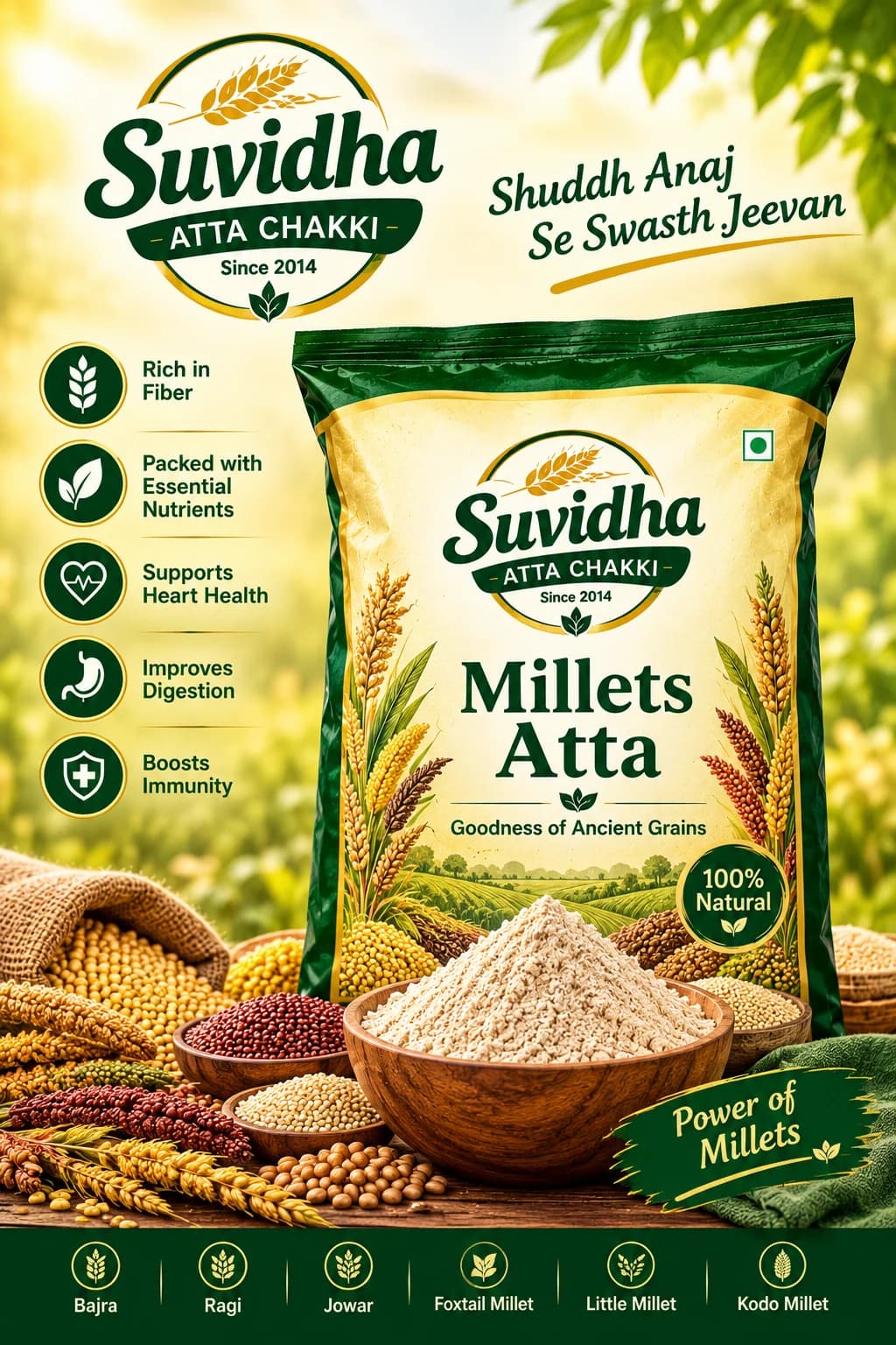 Suvidha Millets Atta product pack and grain ingredients